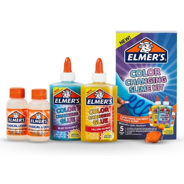 صورة طقم سلايم متغير اللون من إيلمر | تحتوي مستلزمات السلايم على غراء تغيير لون إيلمر، منشط سائل سائل سحري لسلايم، إضاءة بالأشعة فوق البنفسجية، مجموعة من 5 قطع